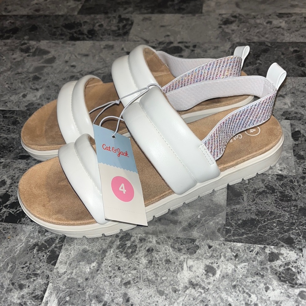 Cat and Jack Girls Slip on Sandals  White with Multicolor Ankle Strap